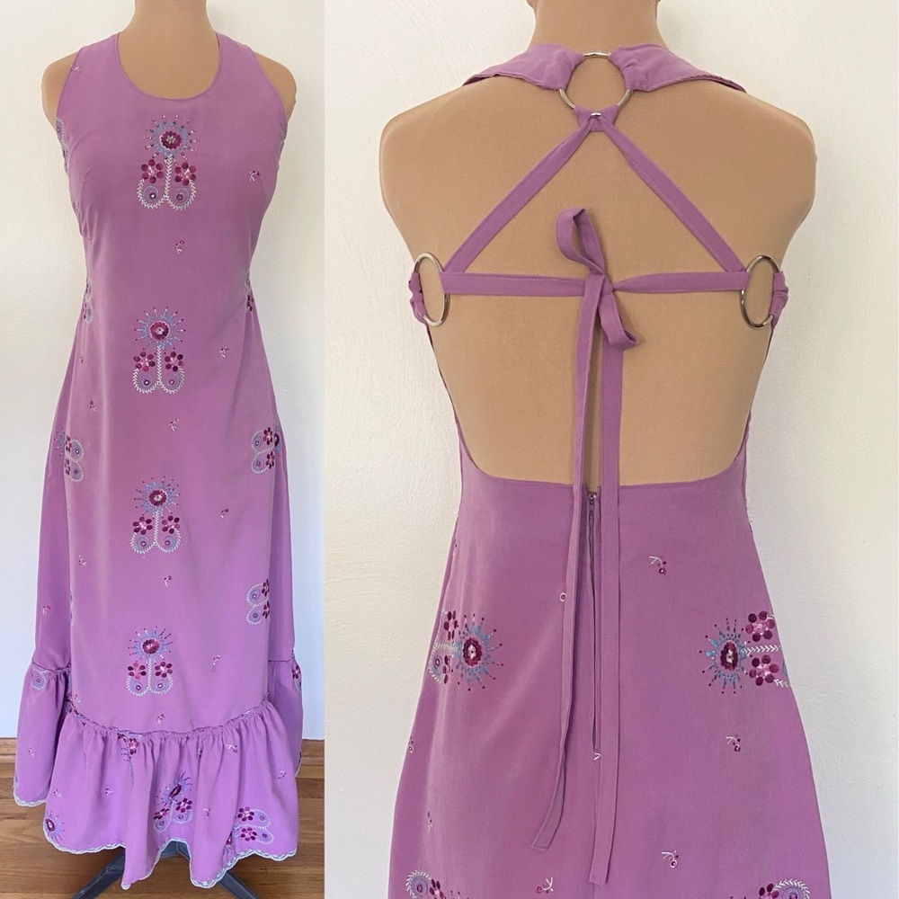 NEW! Vintage 70s-Inspired Halter Dress *Medium* PURPLE Ring Tie Maxi Open Back